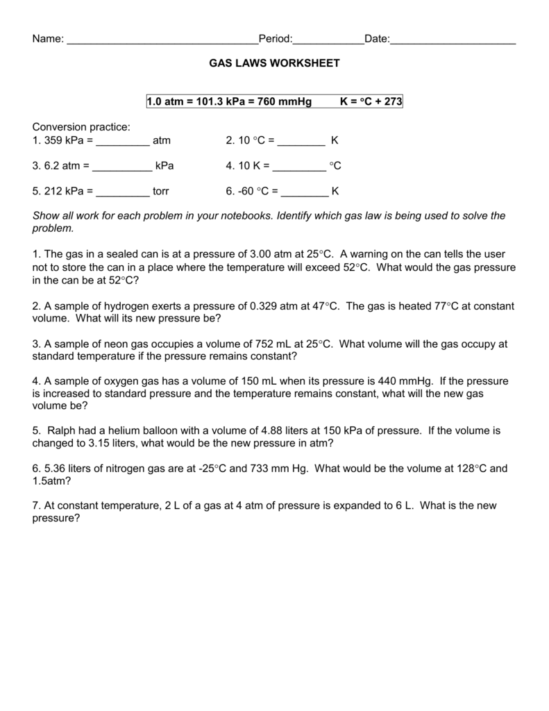 Combined Gas Law Worksheet Chemistry If8766 Promotiontablecovers