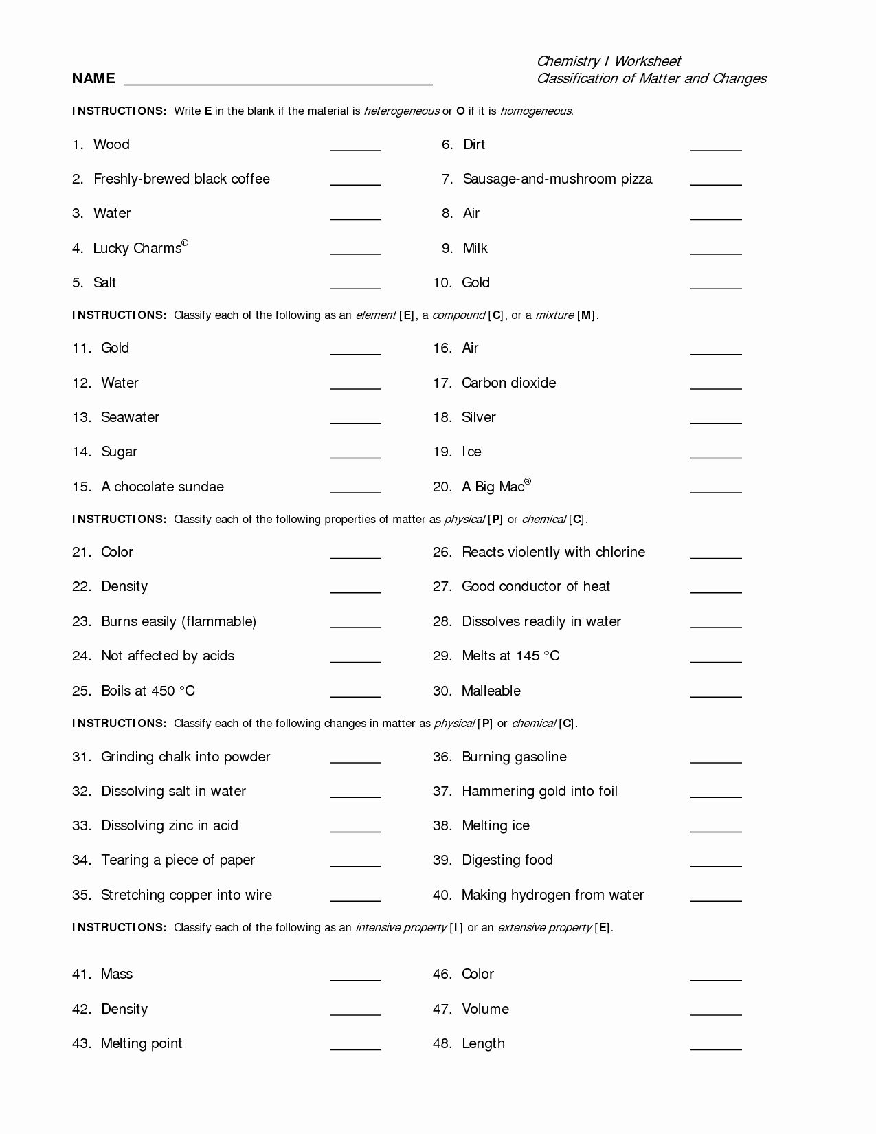 Composition Of Matter Worksheet Answers Beautiful Classifying Matter 