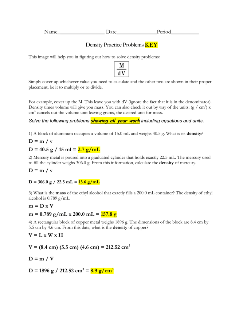Density Problems Worksheet With Answers Worksheets Samples