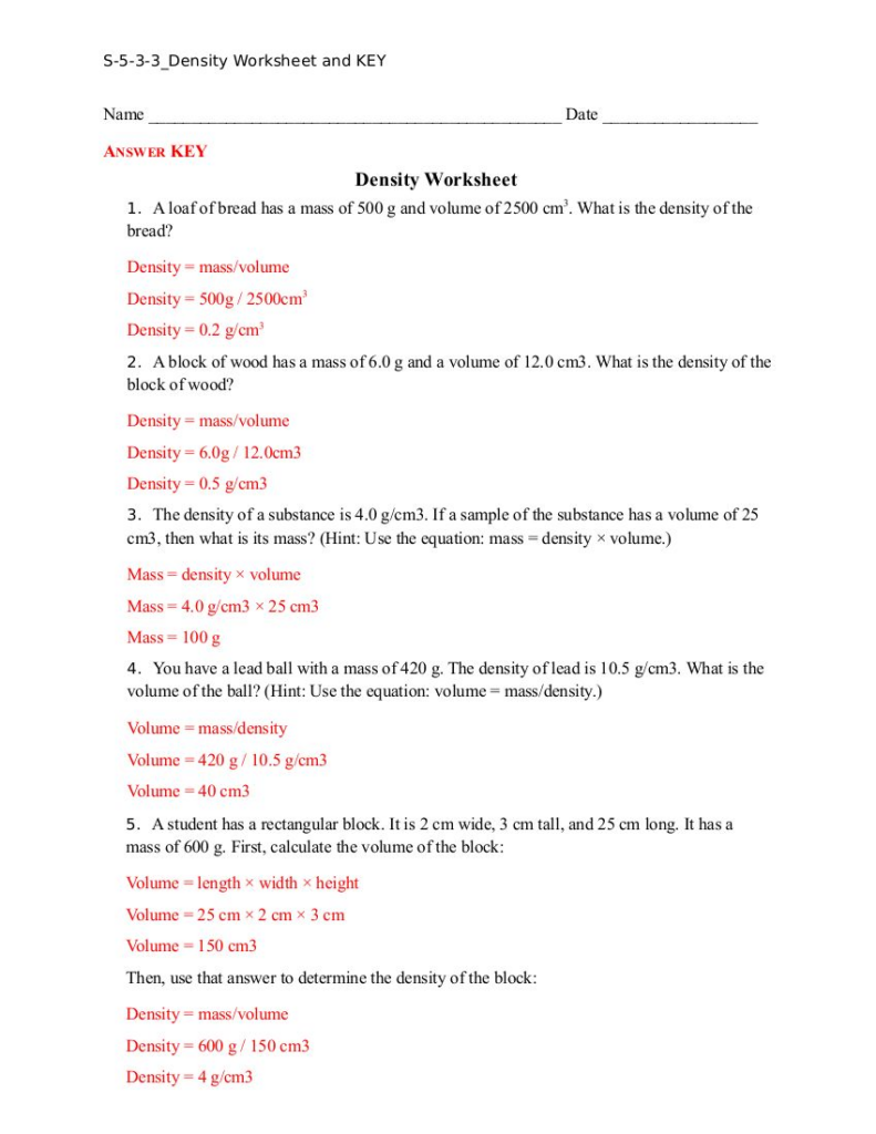 Density Worksheet Answers Chemistry Briefencounters