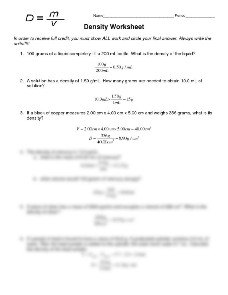 Density Worksheet Answers Chemistry Db excel