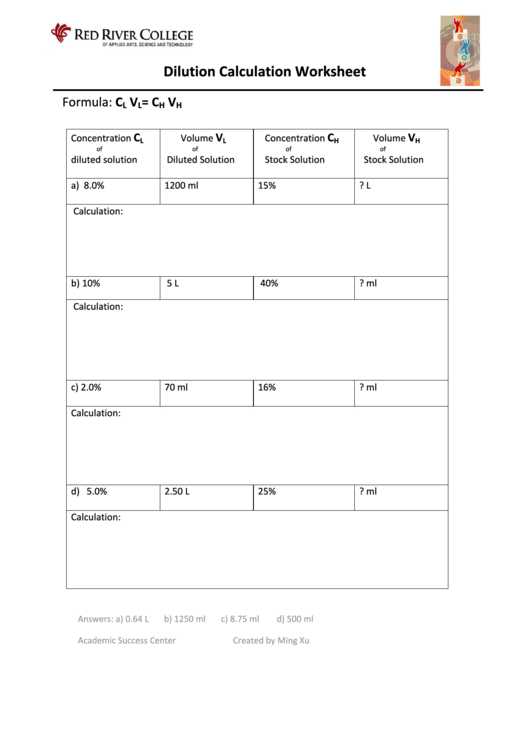 Dilution Calculation Worksheet With Answers Printable Pdf Download