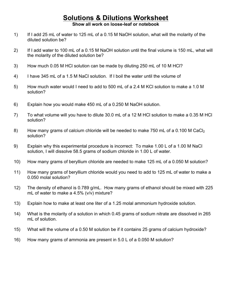 Dilutions Worksheet Answer Key Thekidsworksheet