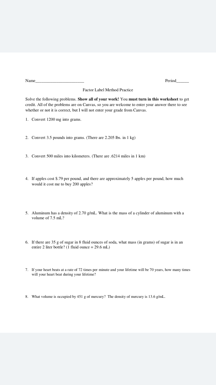 Dimensional Analysis Factor Label Method Worksheet Pensandpieces