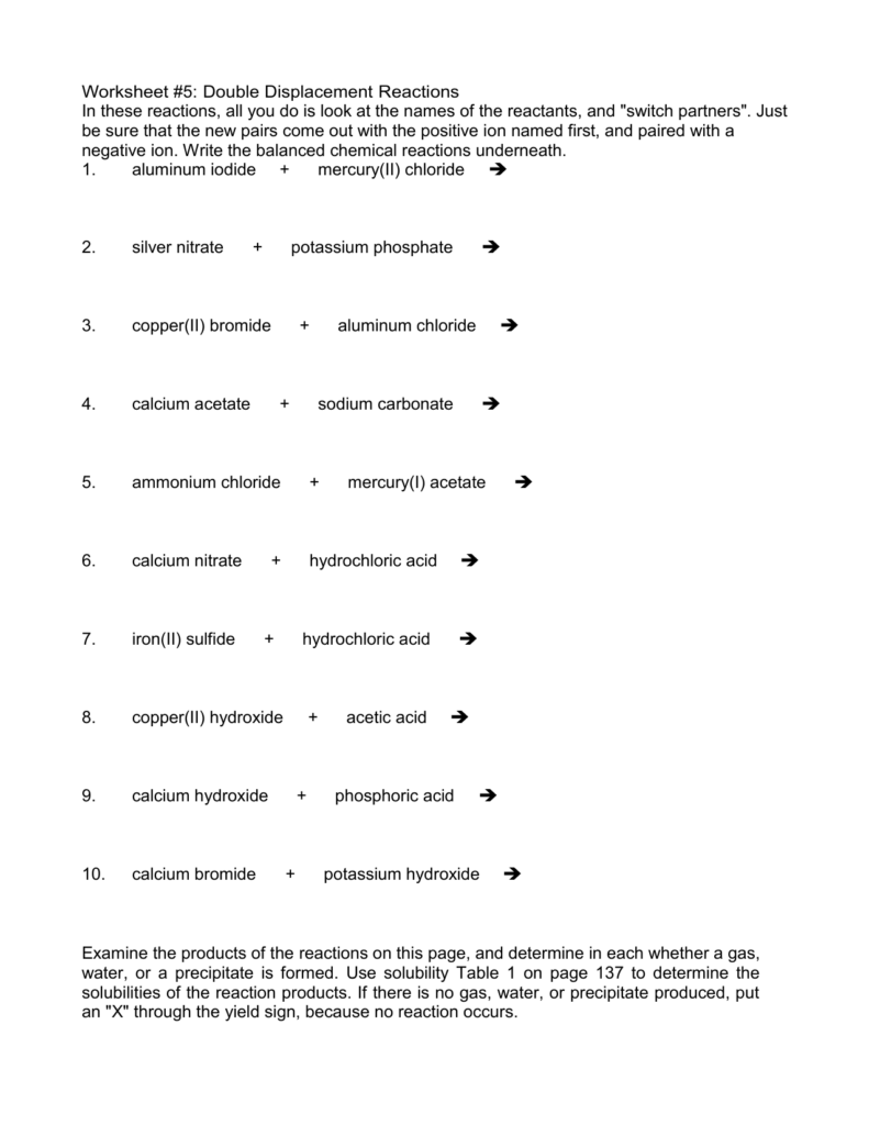Double Replacement Reactions Worksheet Answer Key