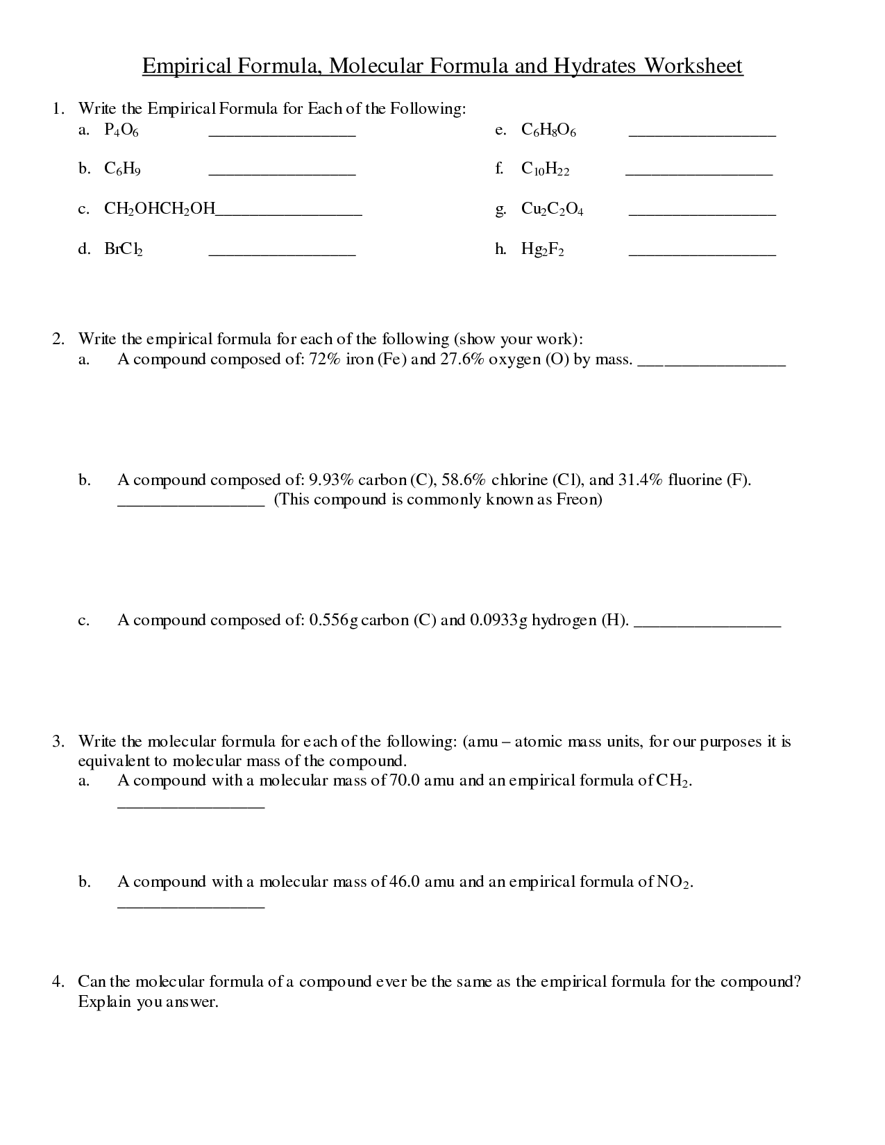 Empirical Formula Worksheet Answers Worksheet