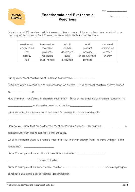 Endothermic And Exothermic Reactions Cloze Test Worksheet 