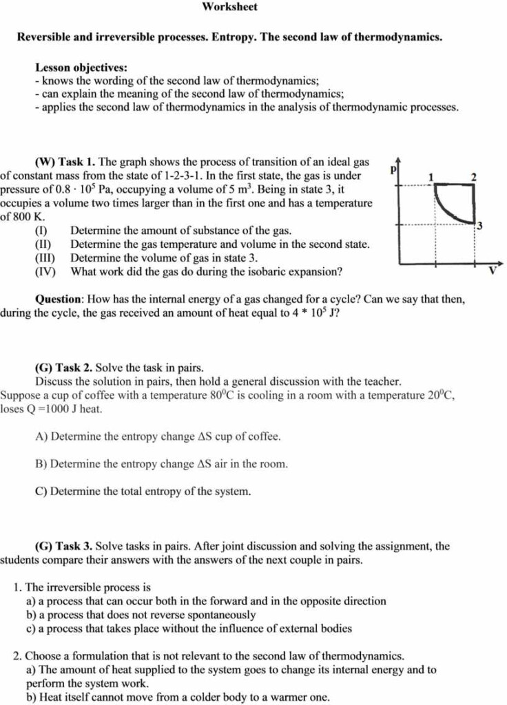 Entropy The Second Law Of Thermodynamics Worksheet