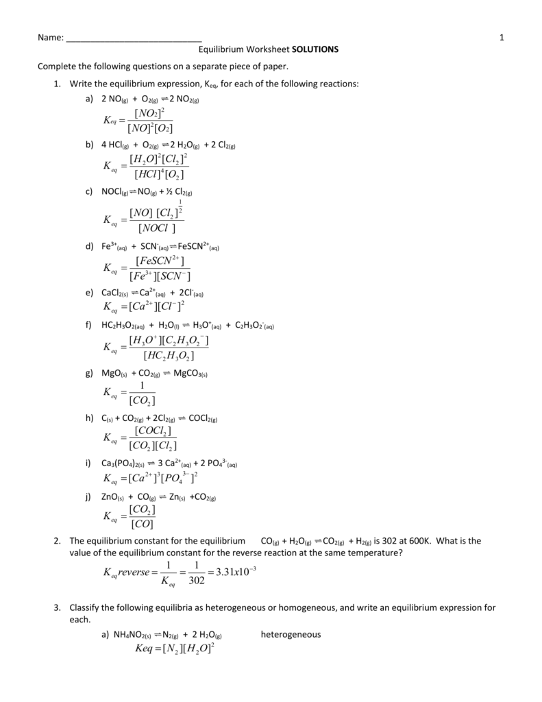 Equilibrium Worksheet Solutions Final