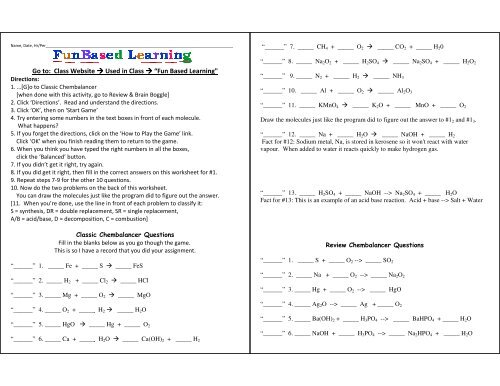 Fun Based Learning Chemistry Review Chembalancer Worksheet Answers 