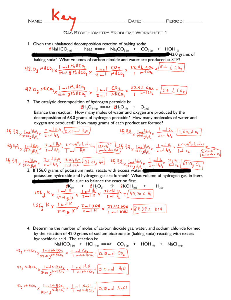 Gas Stoichiometry Worksheet Answer Key