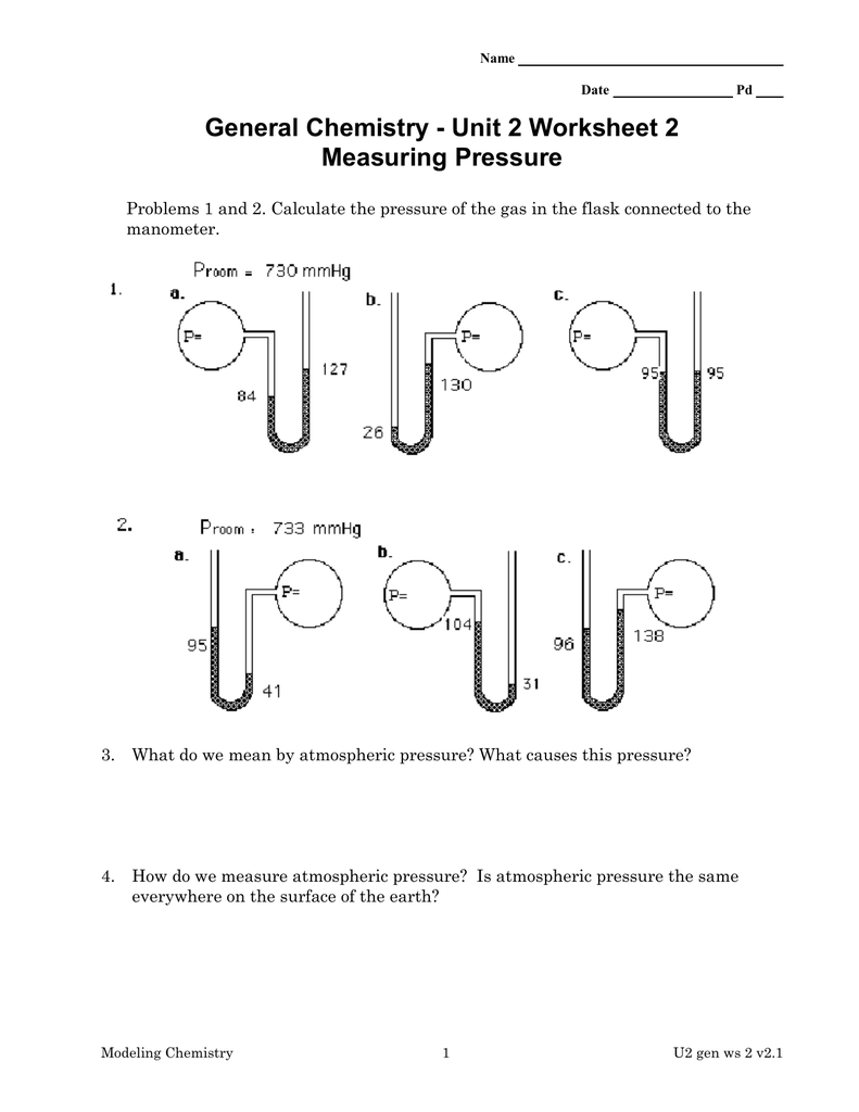 General Chemistry Unit 2 Worksheet 2 Measuring Pressure