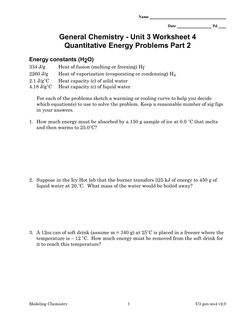 General Chemistry Unit 3 Worksheet 4 Energy Constants H2O 