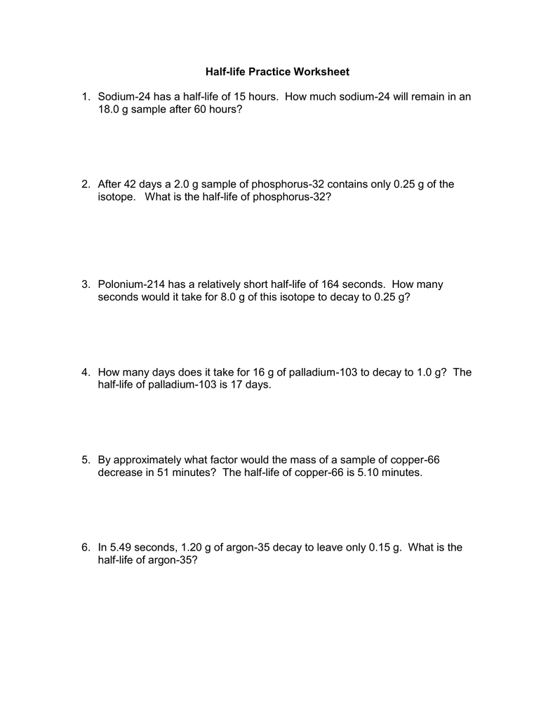 Half Life Problems Chemistry Worksheet With Answers Db excel