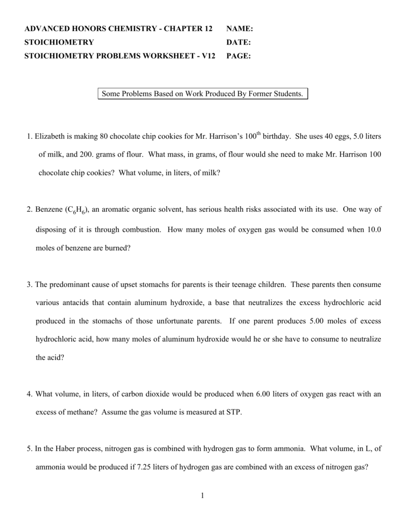 Honors Chemistry Stoichiometry Worksheet Answers Worksheetpedia