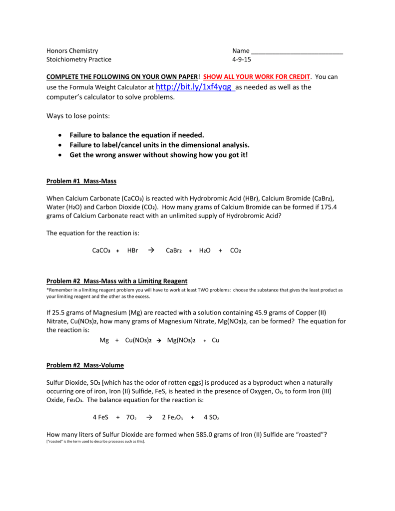 Honors Chemistry Stoichiometry Worksheet Answers Worksheetpedia