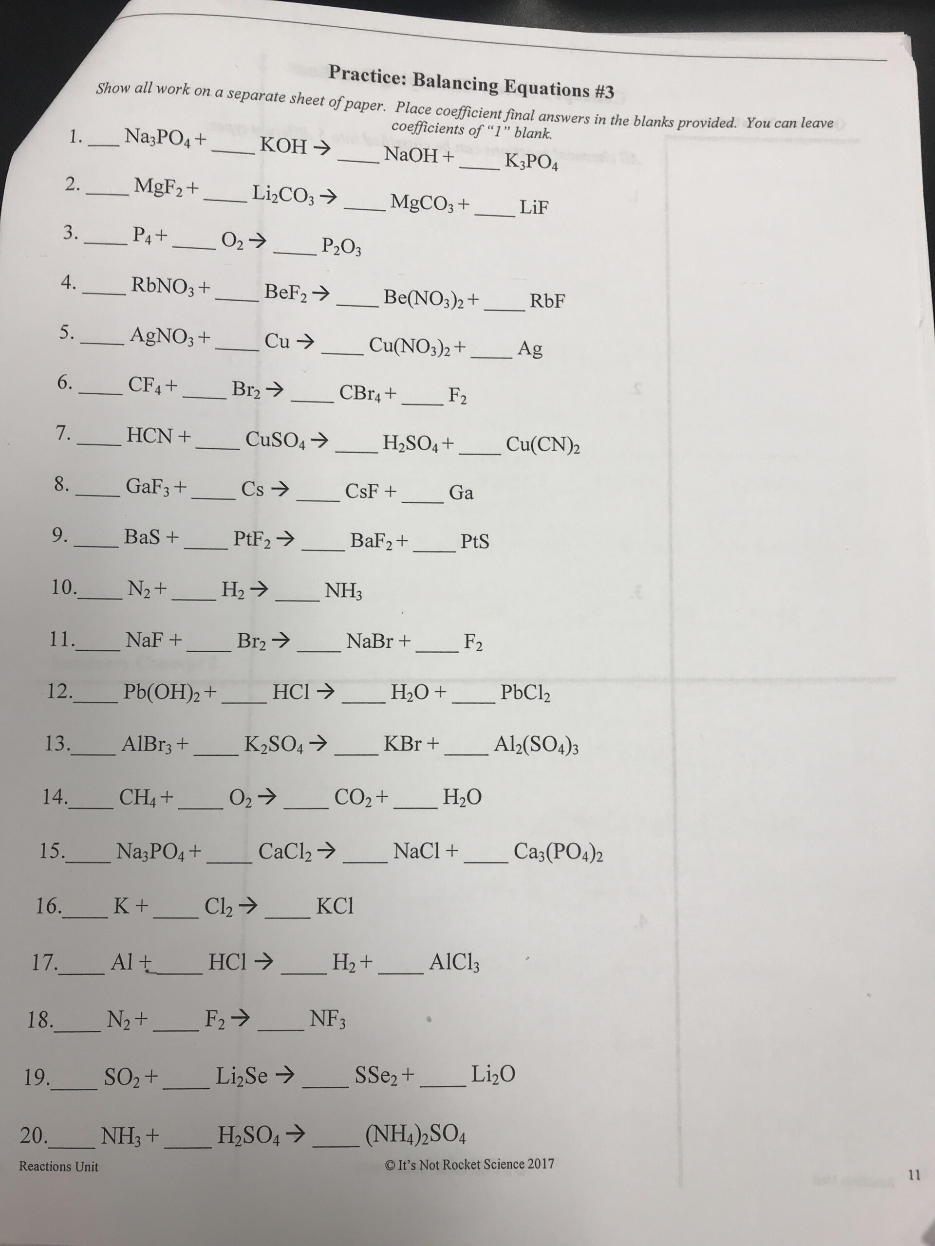 Honors Chemistry Writing And Balancing Equations Worksheet Answers 