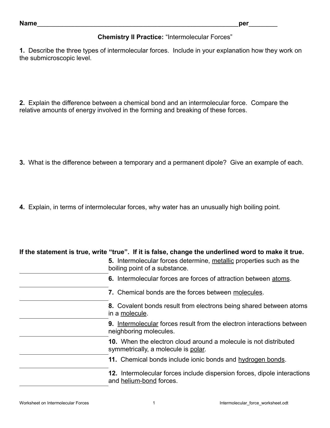 Intermolecular Force Worksheet