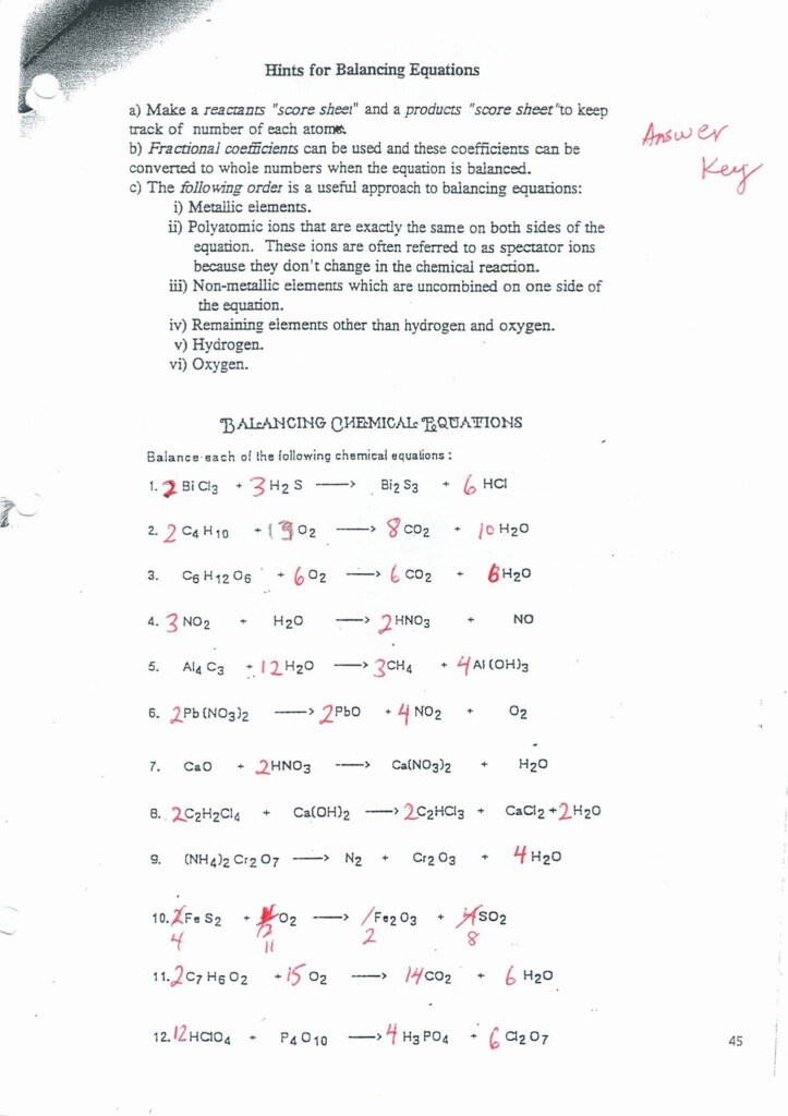 Intro To Balancing Equations Answer Key Introduction To Chemical 