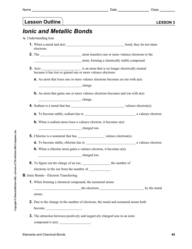 Ionic And Metallic Bonding Chapter 7 Worksheet Answers Ivuyteq