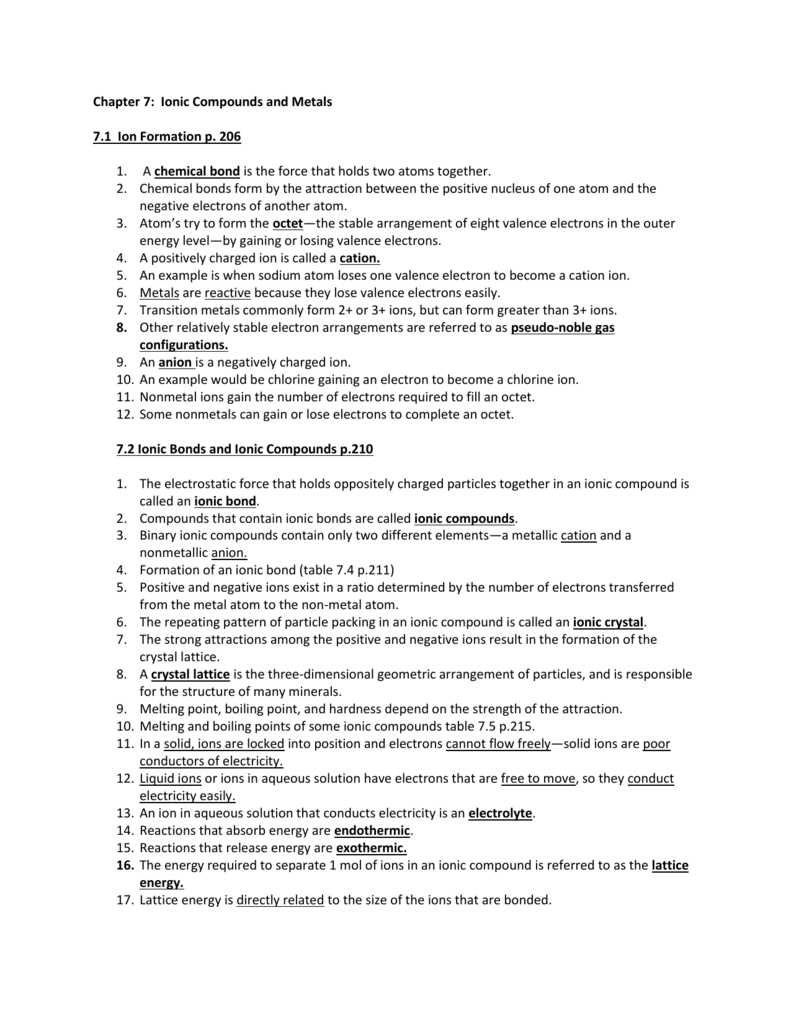 Ionic And Metallic Bonding Chapter 7 Worksheet Answers Nidecmege