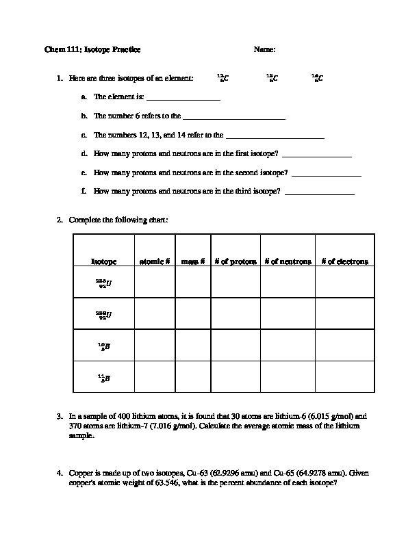 Isotope Practice Worksheet Answer Key 5 Isotope Practice Worksheet 