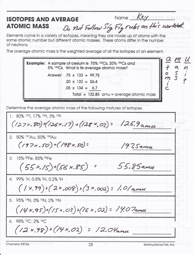 Isotopes And Atomic Mass Worksheet Answer Key