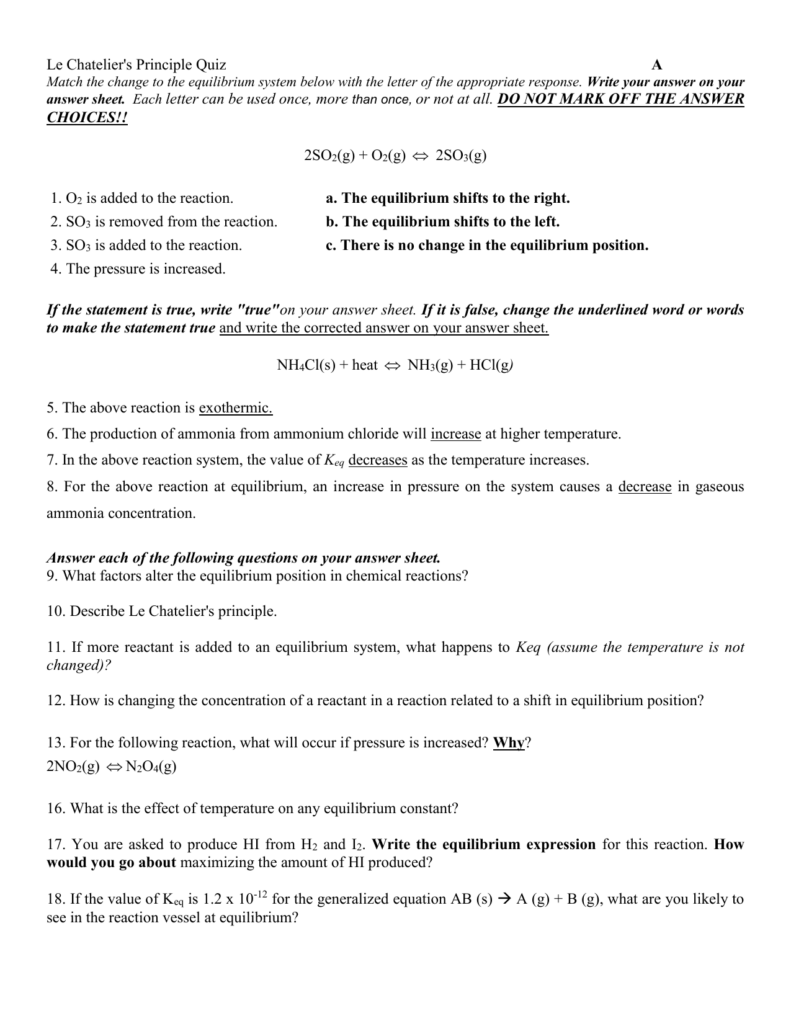 Le Chateliers Principle Worksheet Chemistry Answer Key Get Images