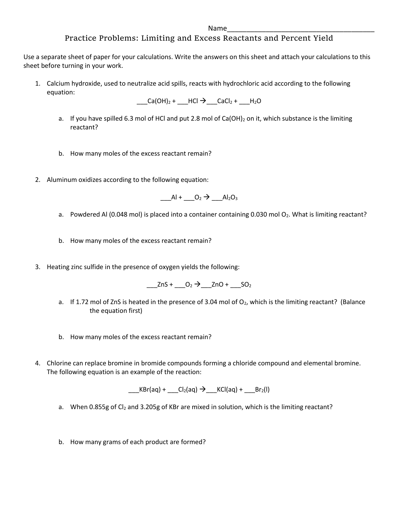 Limiting Reactant And Percent Yield Worksheet s