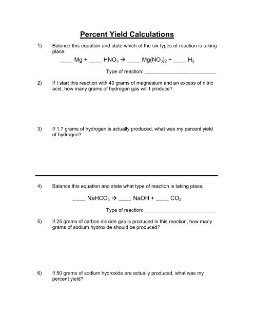 Limiting Reagent And Percent Yield Worksheet Worksheet List