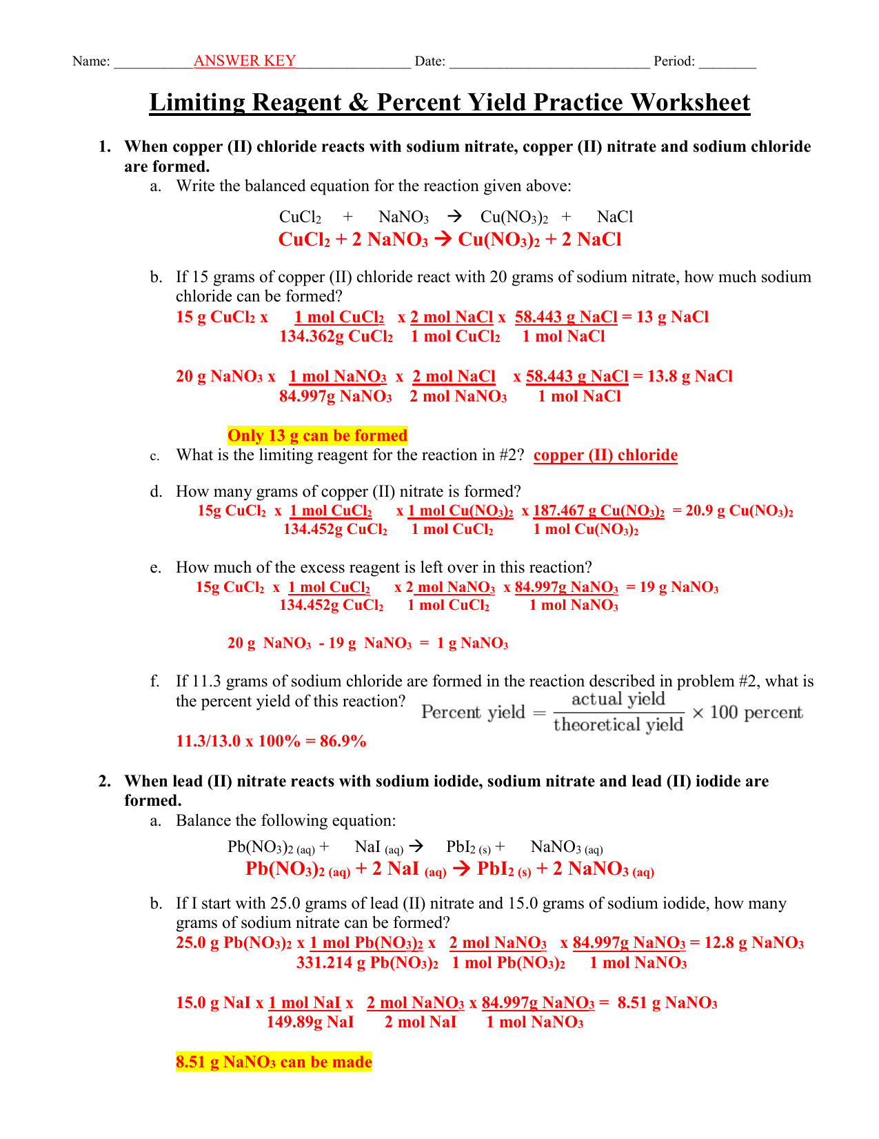 Limiting Reagent Worksheet 2 Worksheet