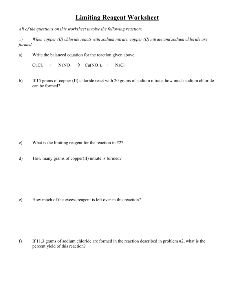 Limiting Reagent Worksheet Doc Worksheet