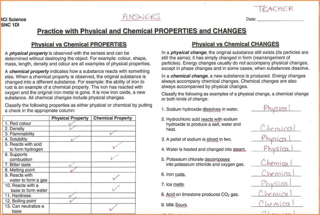 Matter And Change Worksheet Answers Physical And Chemical Properties 