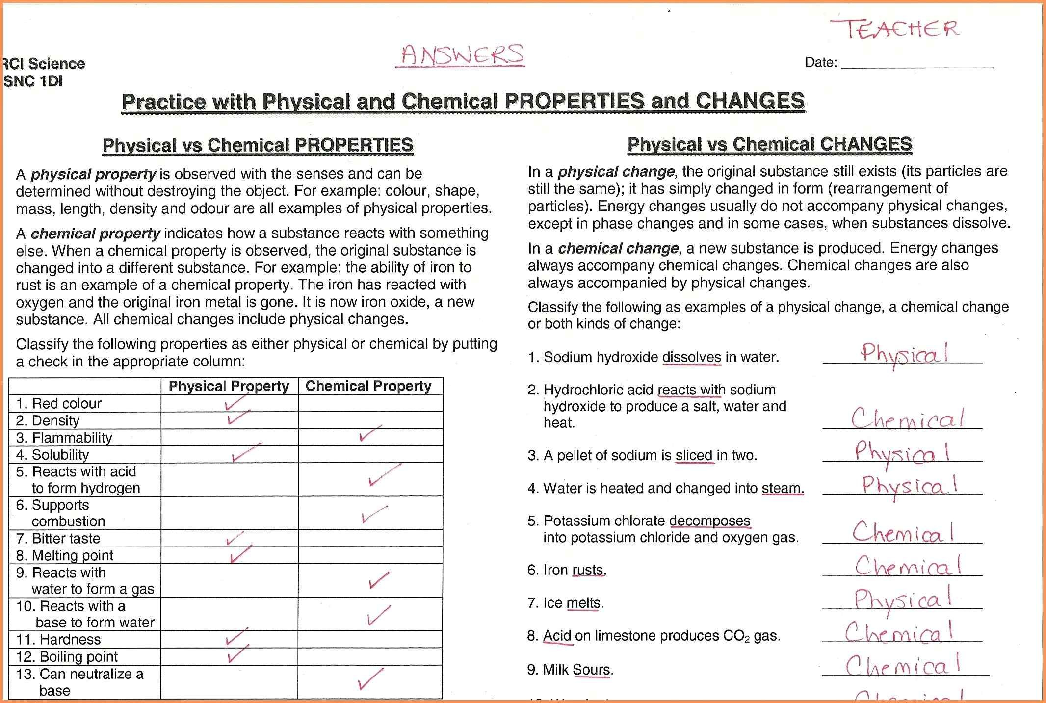 Matter And Change Worksheet Answers Physical And Chemical Properties 