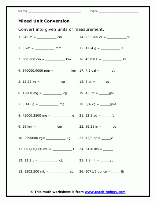 Mixed Unit Conversion Measurement Worksheets Measurement Conversions 