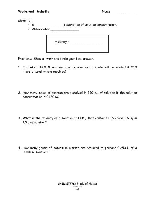 Molarity Worksheet Answers Chemistry