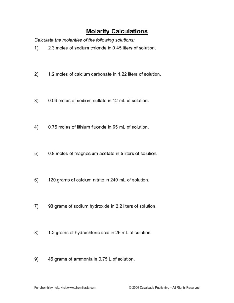 Molarity Worksheet Answers Chemistry