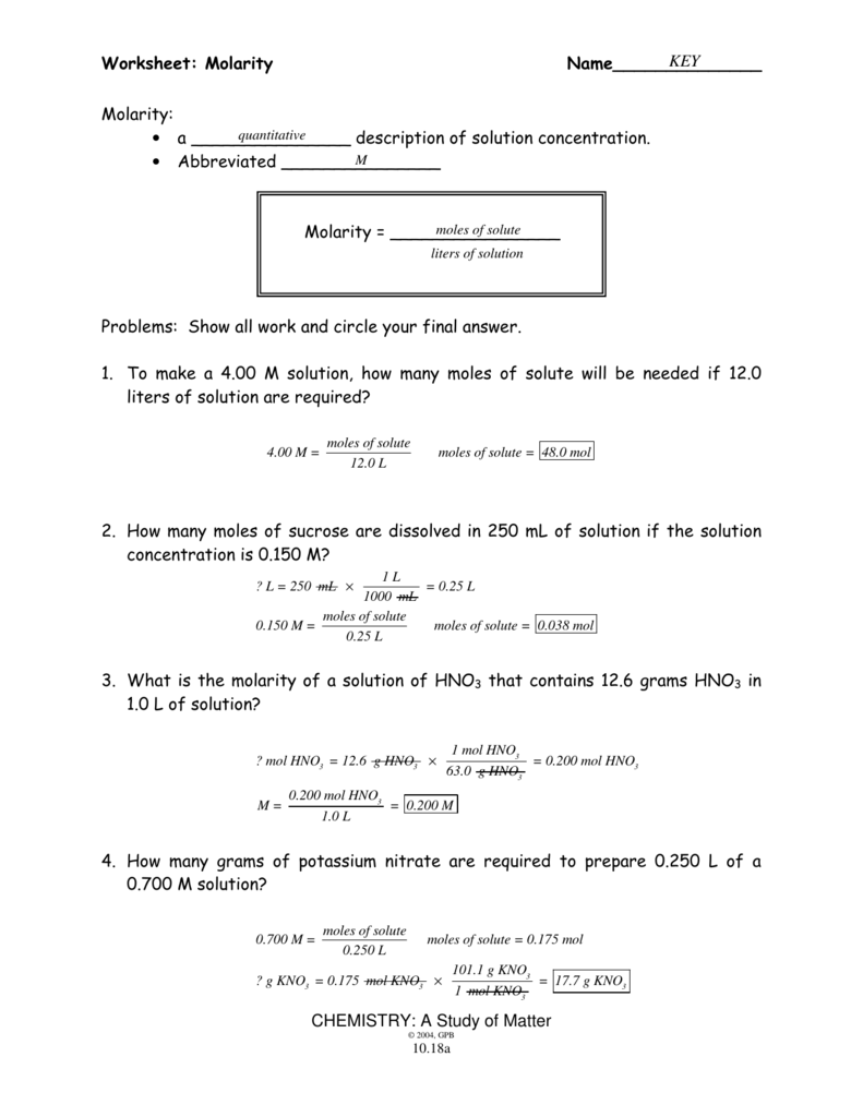 Dr Slotsky Chemistry 2 Molarity Problems Worksheet Answers