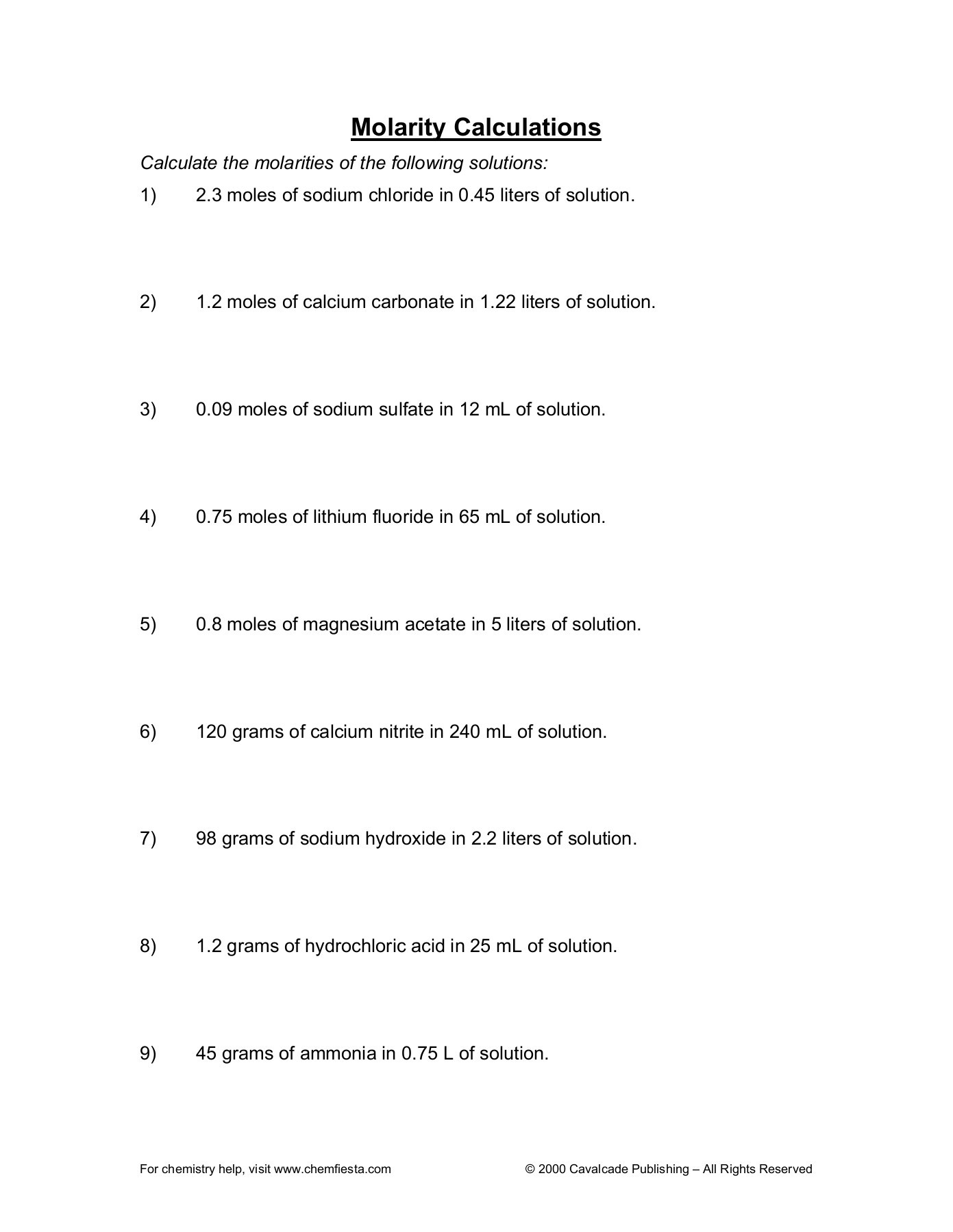 Molarity Worksheet Answers Chemistry