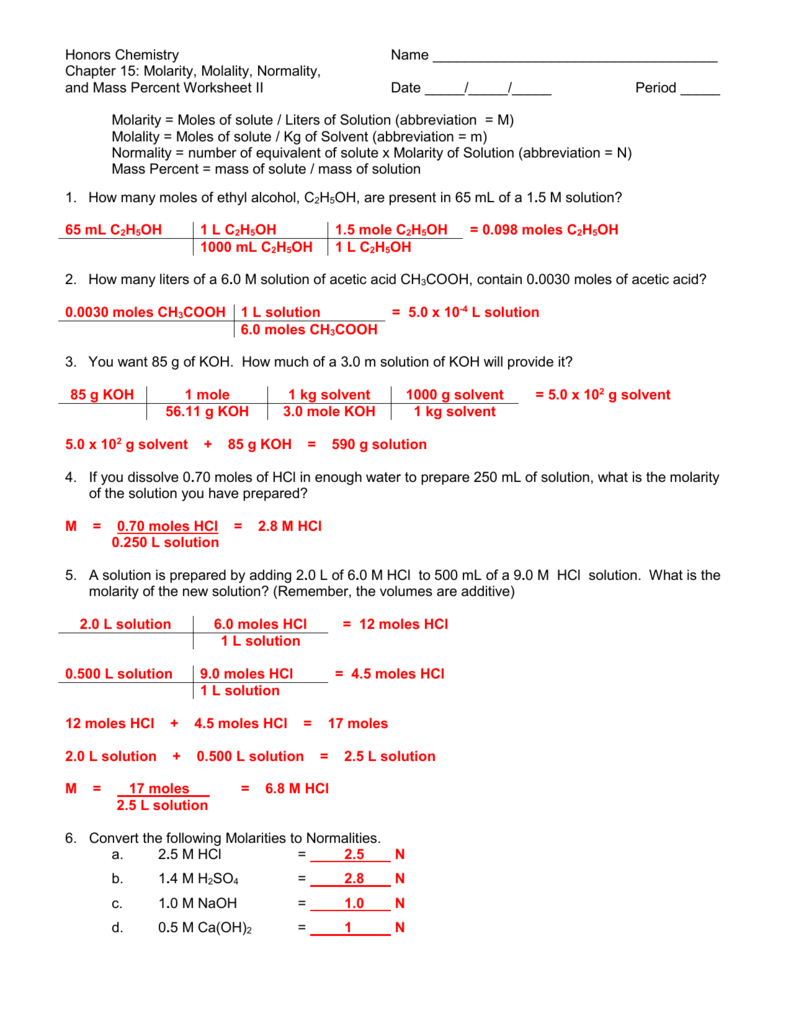 Molarity Worksheet Answers Chemistry