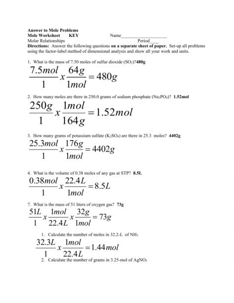 Mole Conversion Worksheet Answer Key With Work Home School