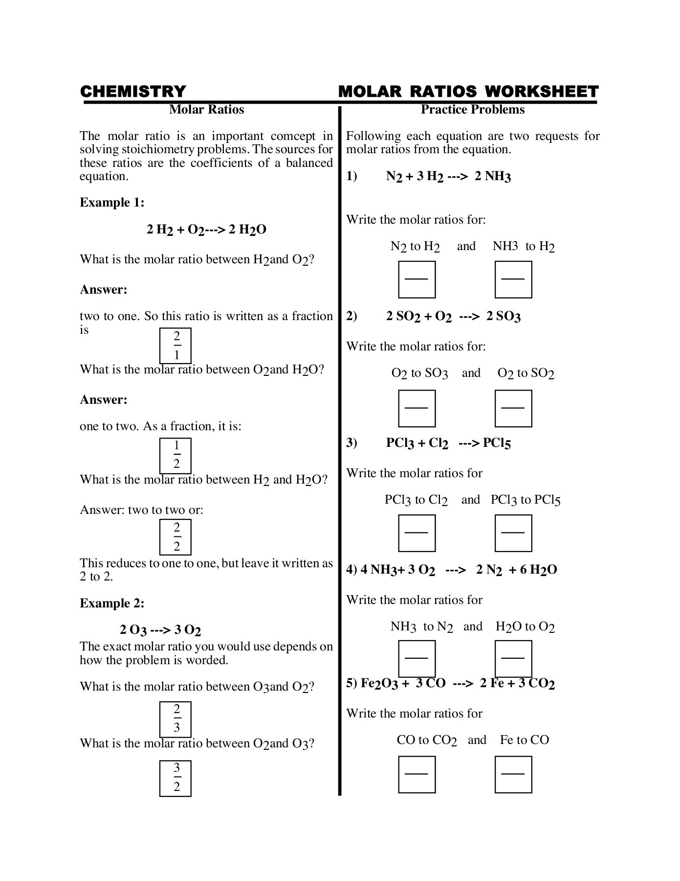 Mole Ratio Worksheet Chemistry Answers