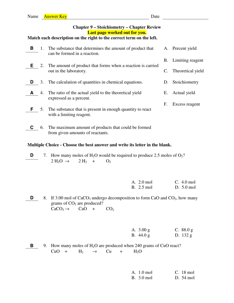 Name Answer Key Date Chapter 9 Stoichiometry