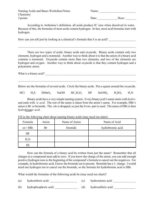 Naming Acids And Bases Worksheet Notes Name Chemistry 2