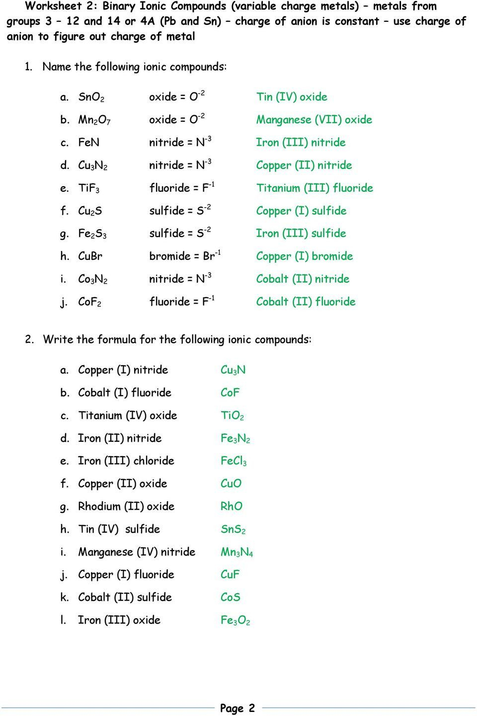 Naming Binary Ionic Compounds Worksheet In 2020 Naming Compounds