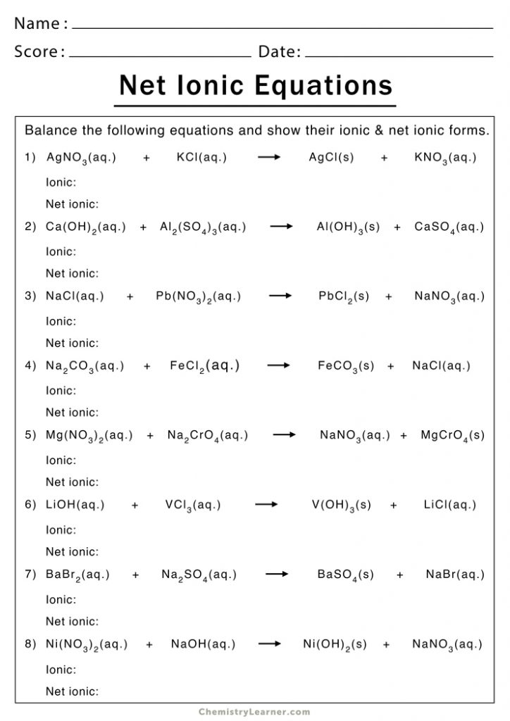 Net Ionic Equation Worksheets Chemistry Learner