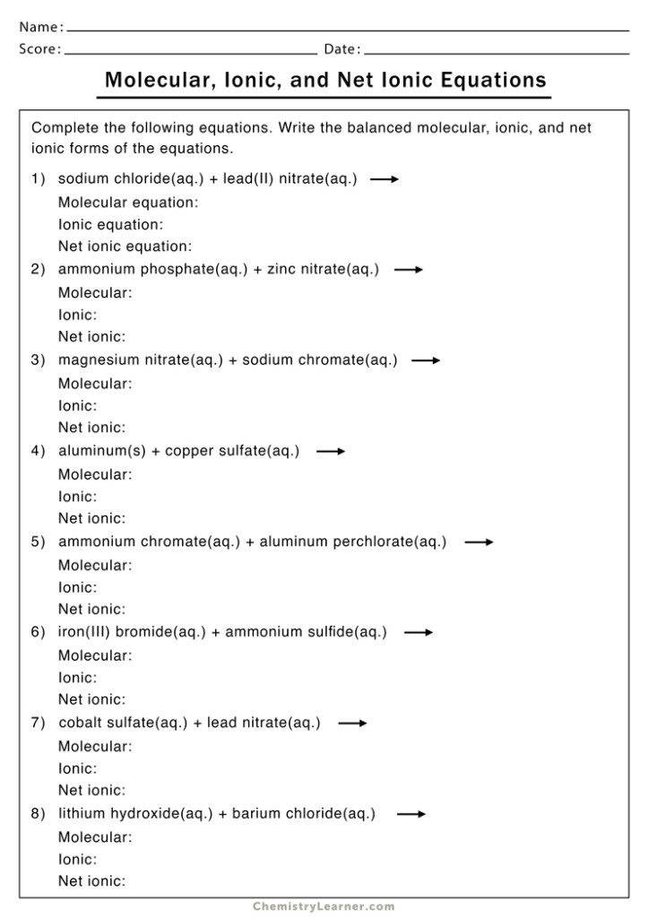 Net Ionic Equation Worksheets Chemistry Learner