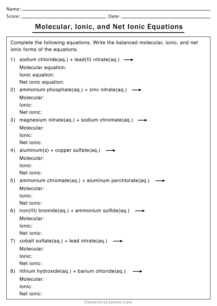 Net Ionic Equation Worksheets Chemistry Learner