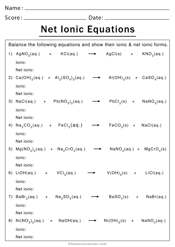 Net Ionic Equation Worksheets Chemistry Learner