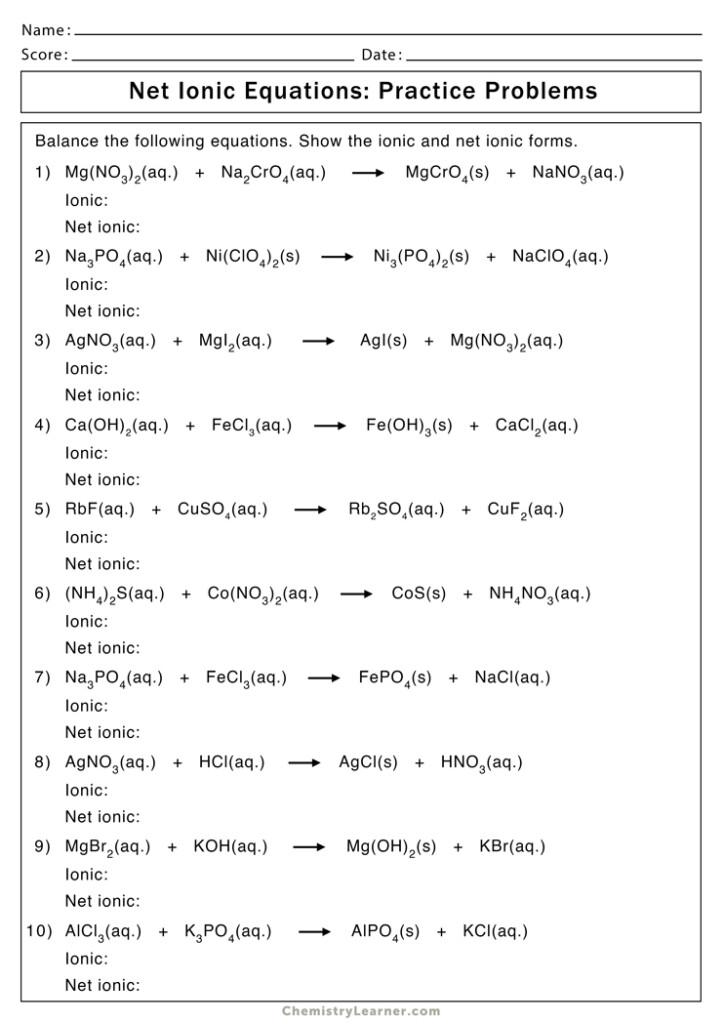 Net Ionic Equation Worksheets Chemistry Learner